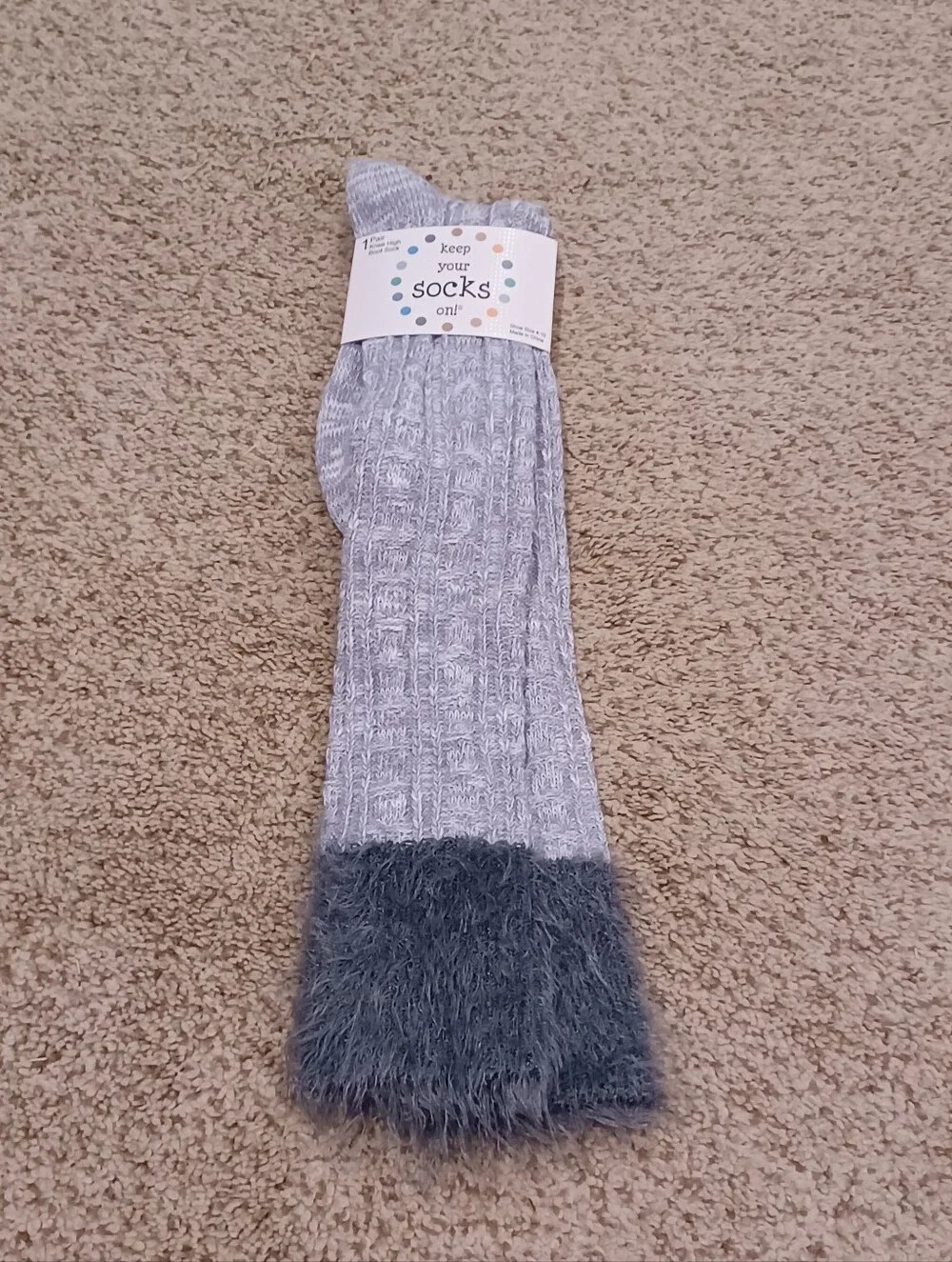 Keep Your Socks On- Grey Fuzzy Cuff Knee-High Socks Womens